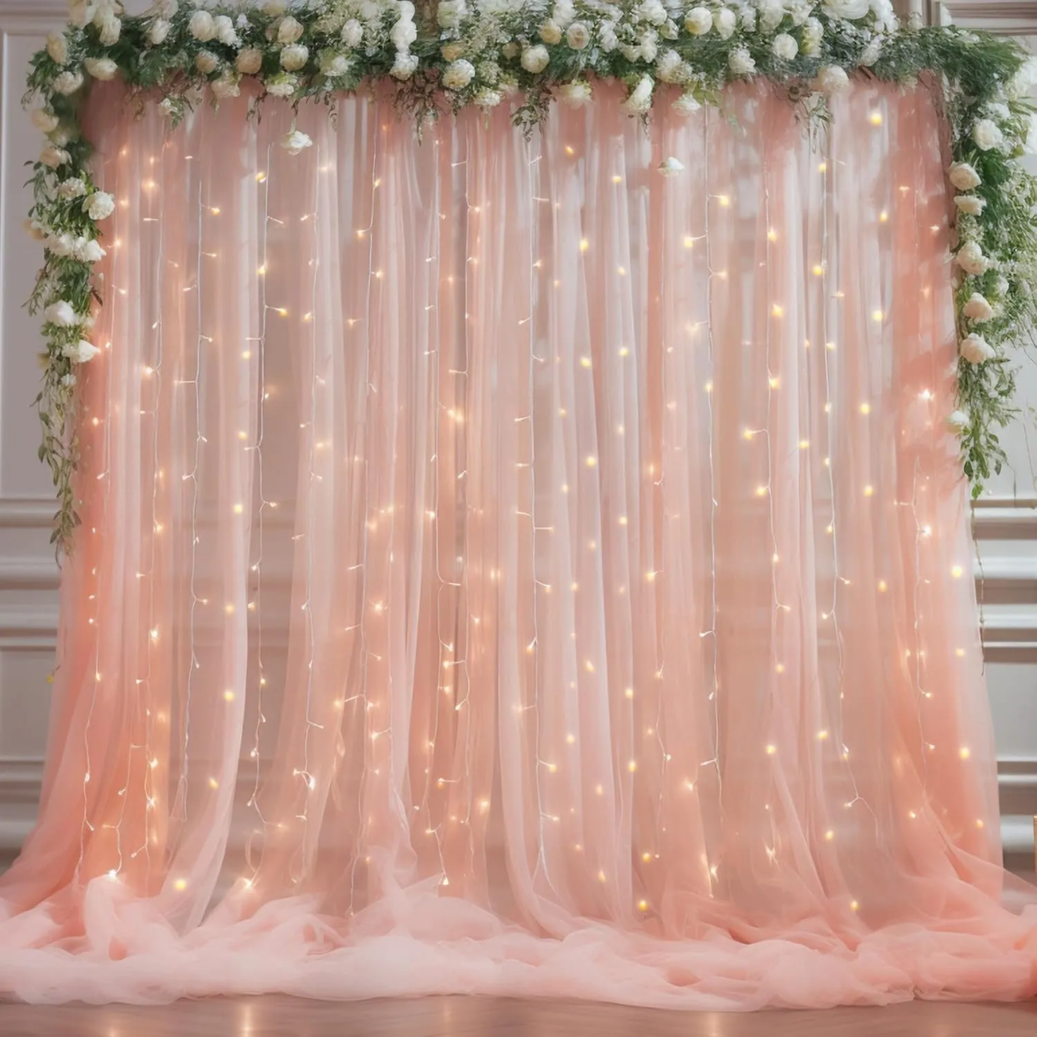 10x10ft Peach Tulle Backdrop Curtain with Lights String for Parites, Sheer Photo Backdrop Curtains with Lights for Wedding Backdrop Ceremony Reception Bridal Shower Baby Shower Birthday Party