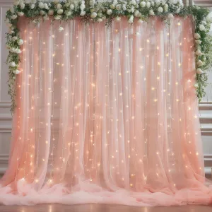 10x10ft Peach Tulle Backdrop Curtain with Lights String for Parites, Sheer Photo Backdrop Curtains with Lights for Wedding Backdrop Ceremony Reception Bridal Shower Baby Shower Birthday Party