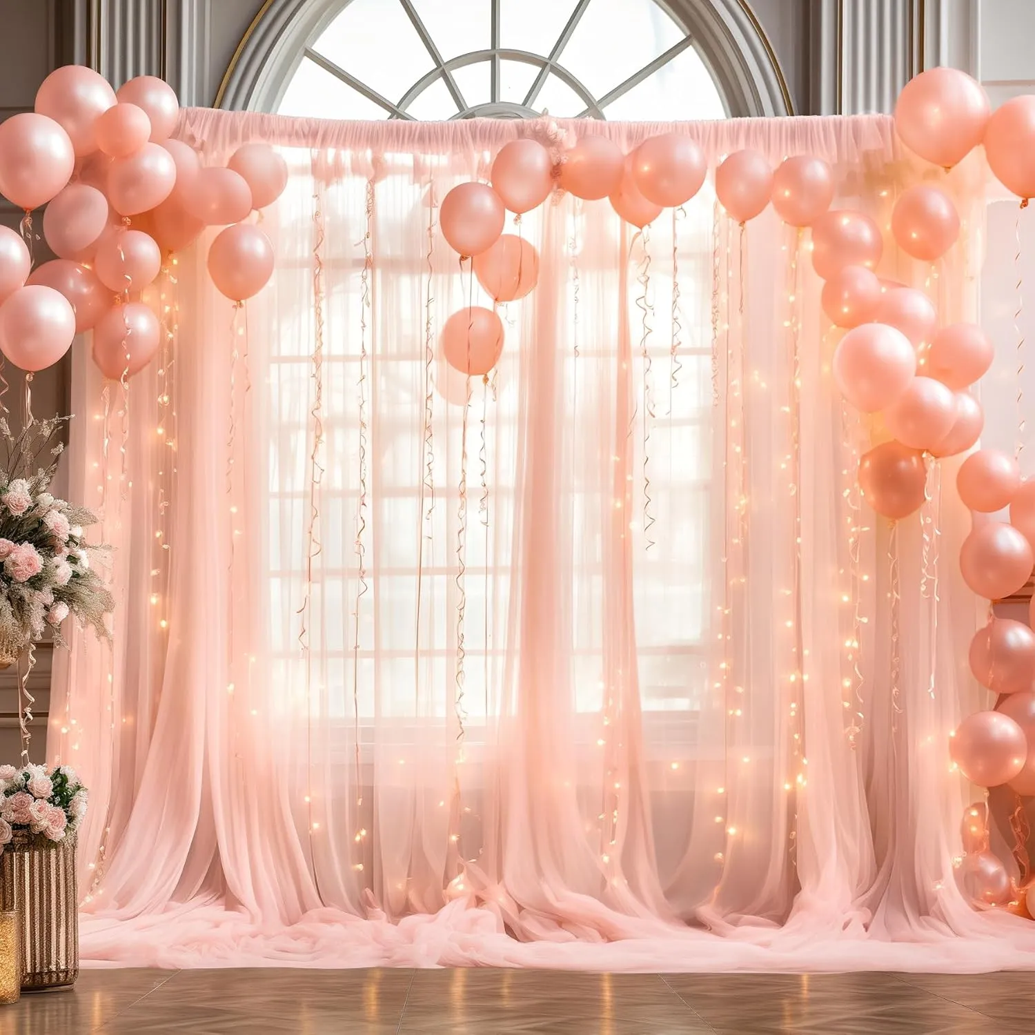 10x10ft Peach Tulle Backdrop Curtain with Lights String for Parites, Sheer Photo Backdrop Curtains with Lights for Wedding Backdrop Ceremony Reception Bridal Shower Baby Shower Birthday Party