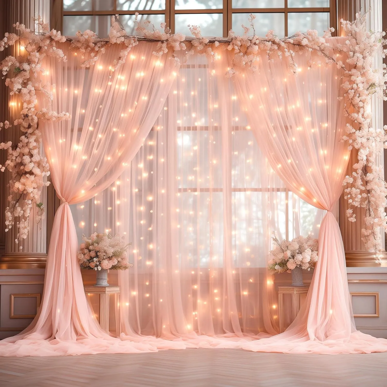 10x10ft Peach Tulle Backdrop Curtain with Lights String for Parites, Sheer Photo Backdrop Curtains with Lights for Wedding Backdrop Ceremony Reception Bridal Shower Baby Shower Birthday Party