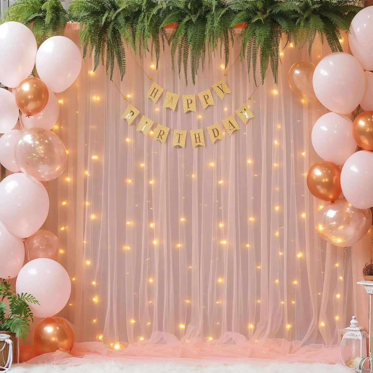 10x10ft Peach Tulle Backdrop Curtain with Lights String for Parites, Sheer Photo Backdrop Curtains with Lights for Wedding Backdrop Ceremony Reception Bridal Shower Baby Shower Birthday Party