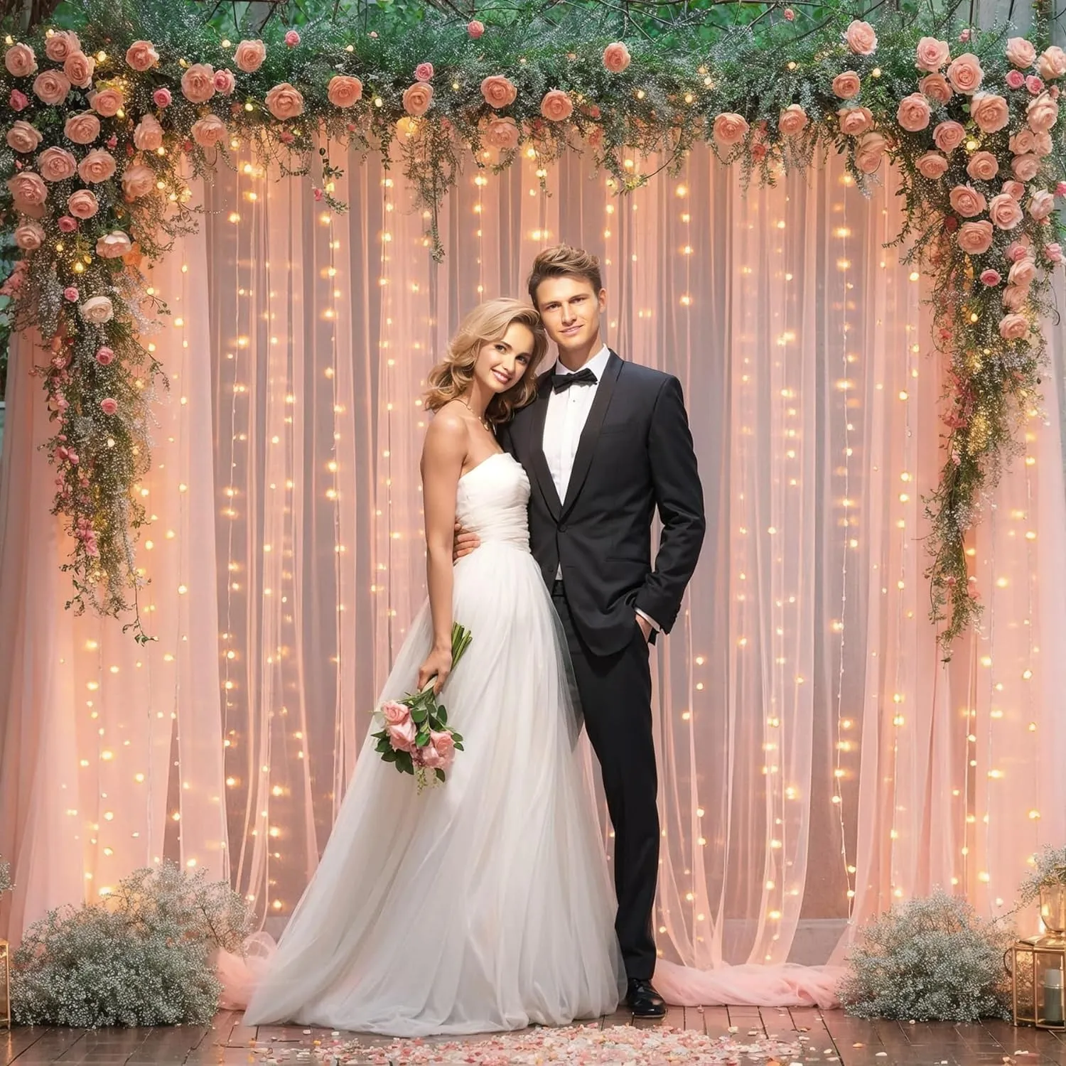 10x10ft Peach Tulle Backdrop Curtain with Lights String for Parites, Sheer Photo Backdrop Curtains with Lights for Wedding Backdrop Ceremony Reception Bridal Shower Baby Shower Birthday Party