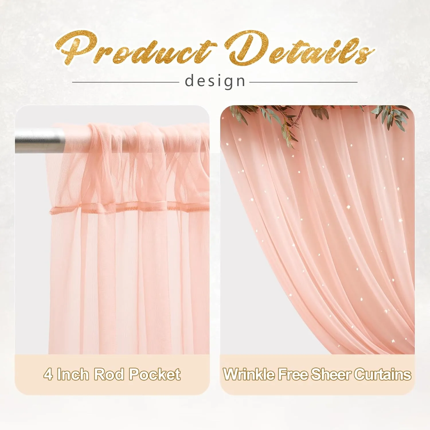 10x10ft Peach Tulle Backdrop Curtain with Lights String for Parites, Sheer Photo Backdrop Curtains with Lights for Wedding Backdrop Ceremony Reception Bridal Shower Baby Shower Birthday Party