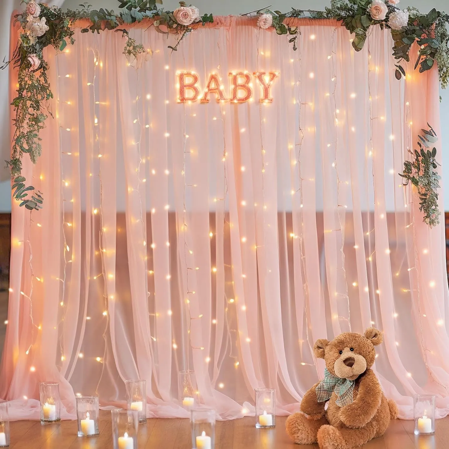 10x10ft Peach Tulle Backdrop Curtain with Lights String for Parites, Sheer Photo Backdrop Curtains with Lights for Wedding Backdrop Ceremony Reception Bridal Shower Baby Shower Birthday Party