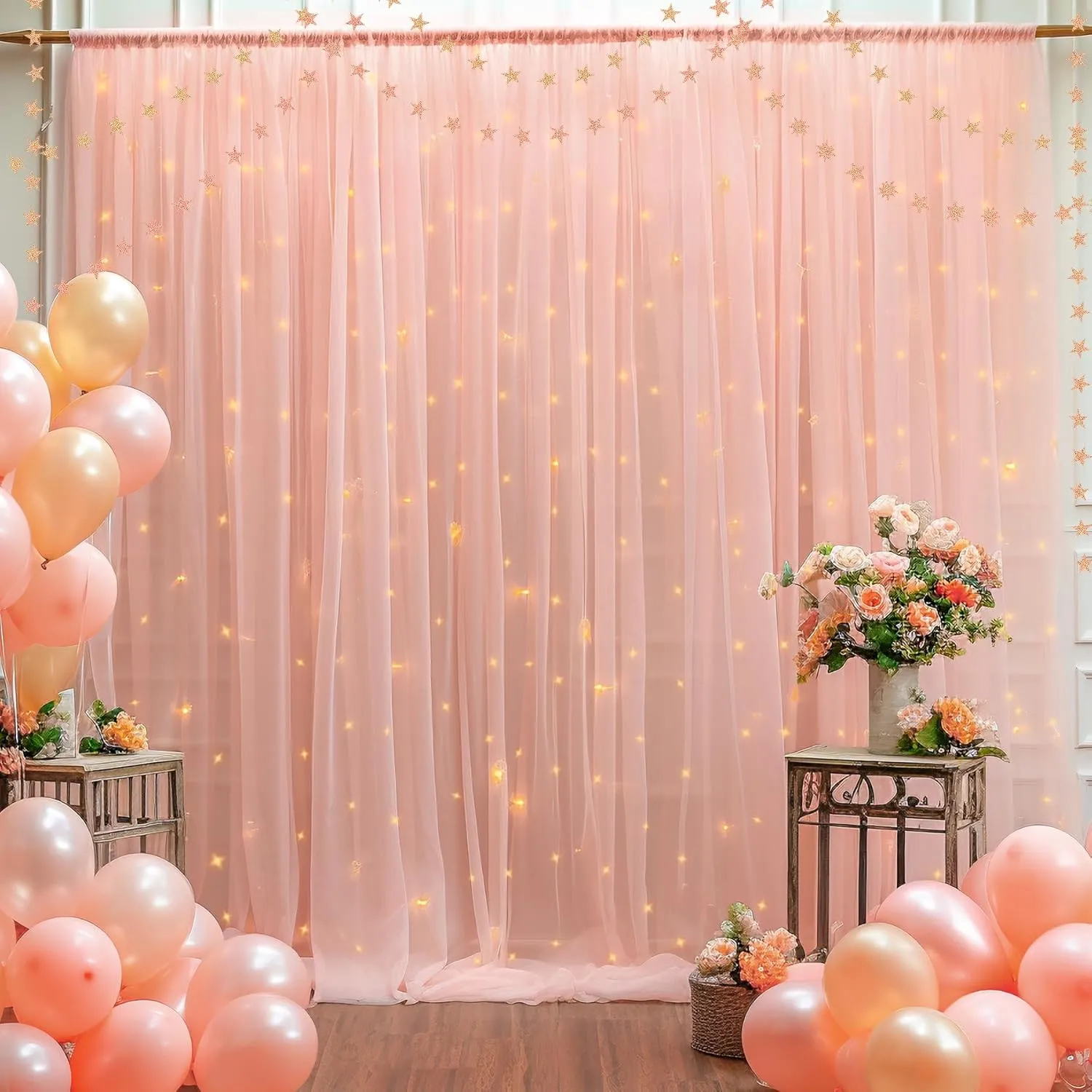 10x10ft Peach Tulle Backdrop Curtain with Lights String for Parites, Sheer Photo Backdrop Curtains with Lights for Wedding Backdrop Ceremony Reception Bridal Shower Baby Shower Birthday Party