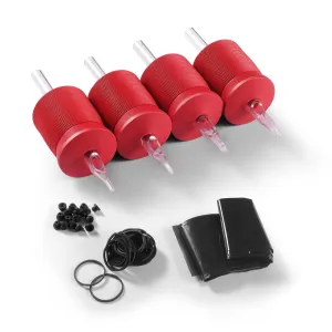 1.25 Inch Ultra Premium Red Soft Silicone Grip w/Long Clear Disposable Tubes & Tips- 15 Pack, Open Magnum Tip (11MT)