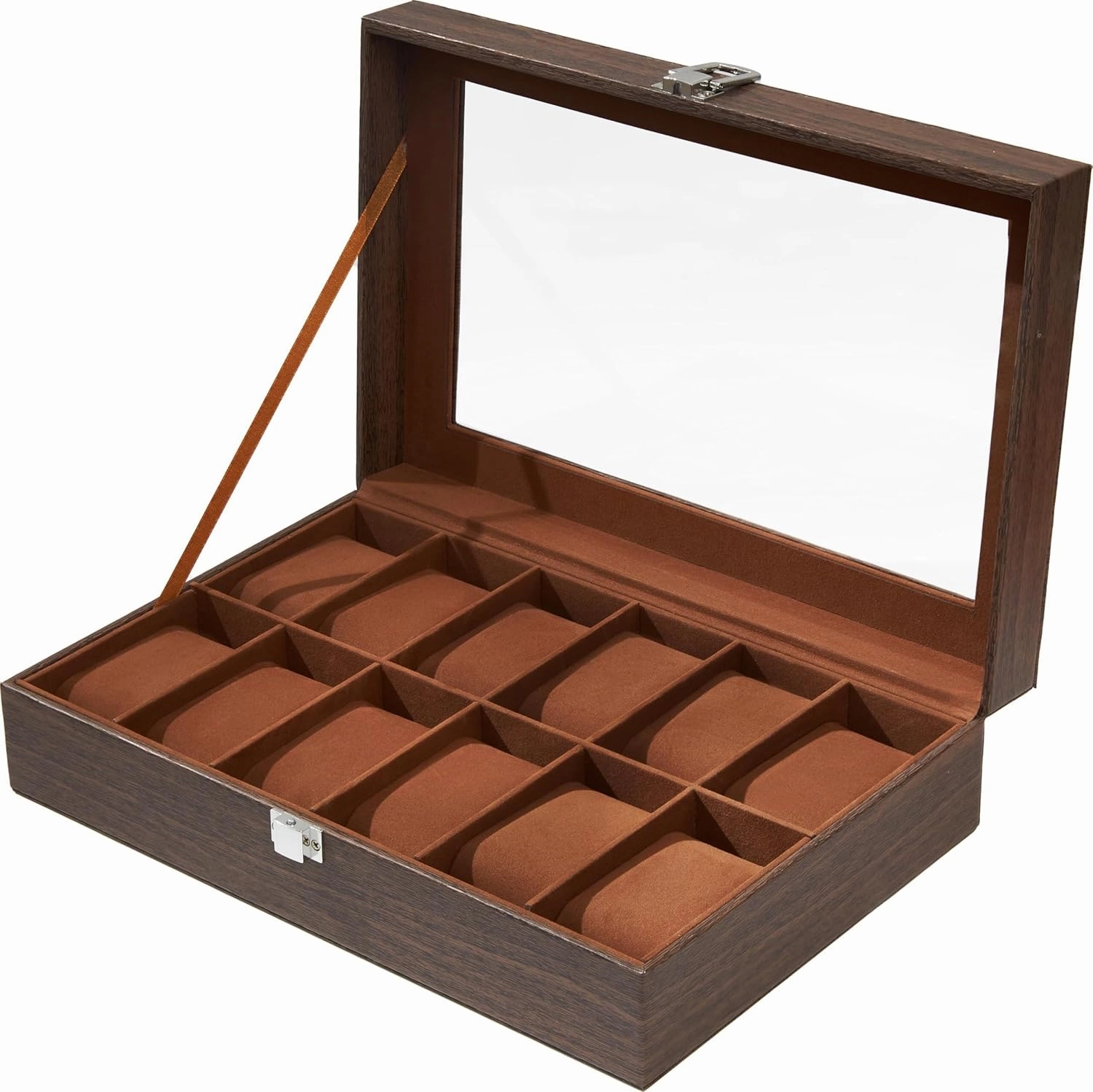 12-Slot Watch Box for Men & Women – Wood Grain PU Leather Organizer with Real Glass Lid and Lock