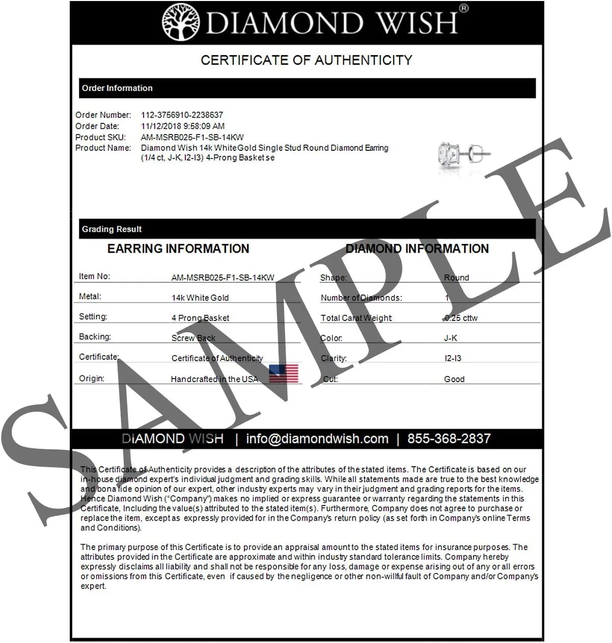 14k Gold Round SINGLE Diamond Stud Earring (1/8cttw, J-K, I2-I3) 4-Prong Basket set with Push-back Diamond Wish