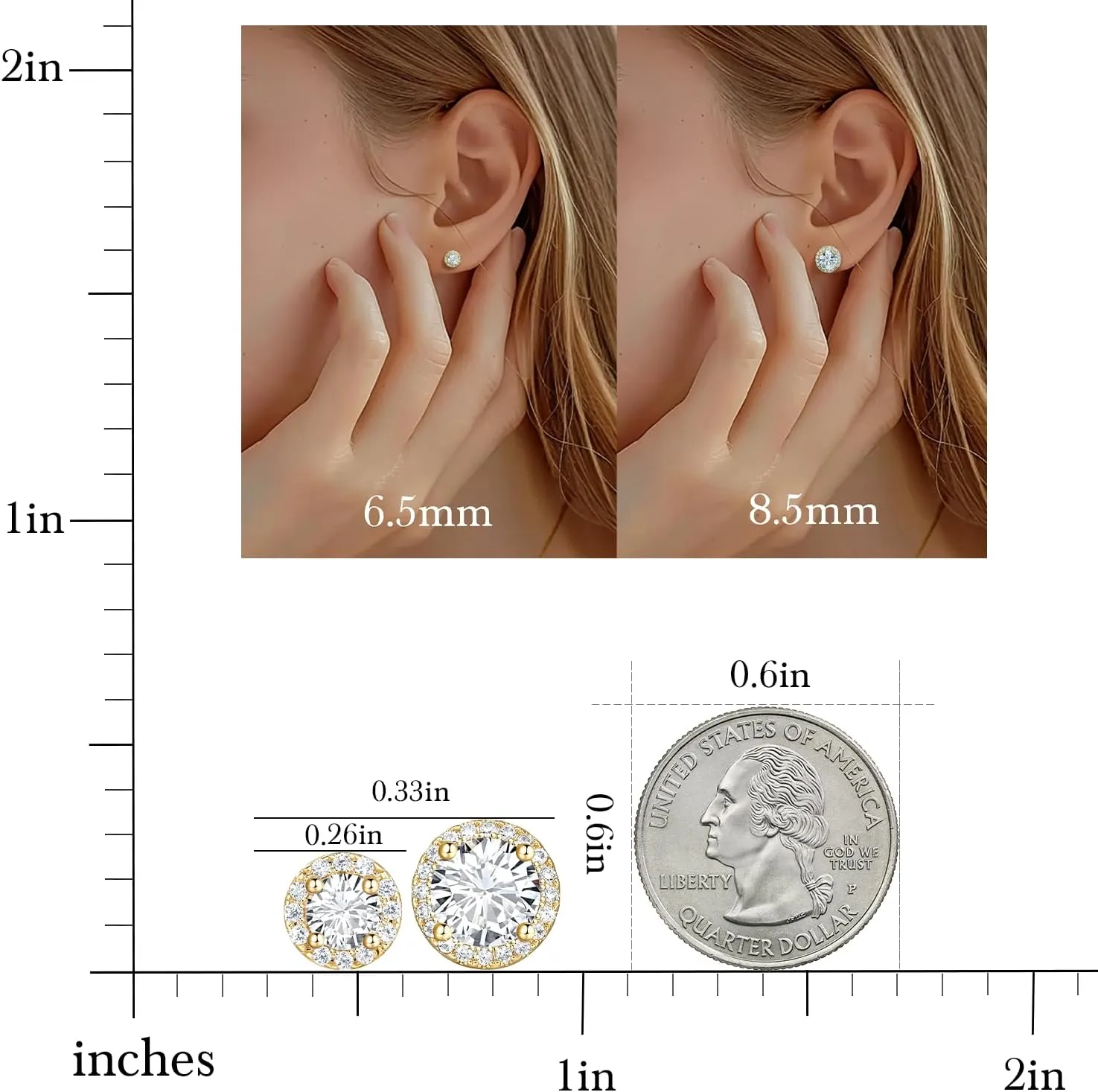 14K Gold Stud Earrings for Women - Small & Lightweight Cubic Zirconia