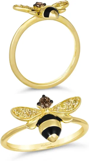 1/6 Carat Chocolate Diamond with Black Enamel Honey Bee Ring for Women in 14k Yellow Gold (Yellow/Brown, 0.15 cttw) Anniversary Ring Size 4 to 10 by LeVian