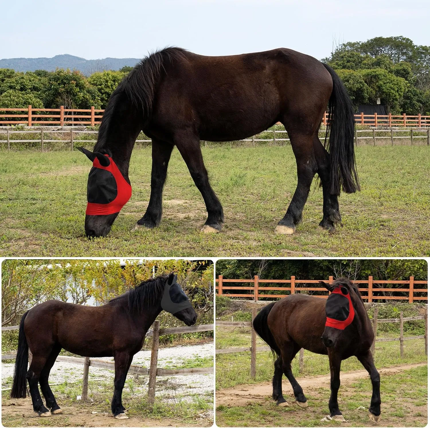 2 Piece Horse Fly Mask with Ears, Comfortable Fit Stretch Fabric Big Eye Space Soft Breathable with UV Protection for Large or Medium Size Horses (Red-Black, Large)