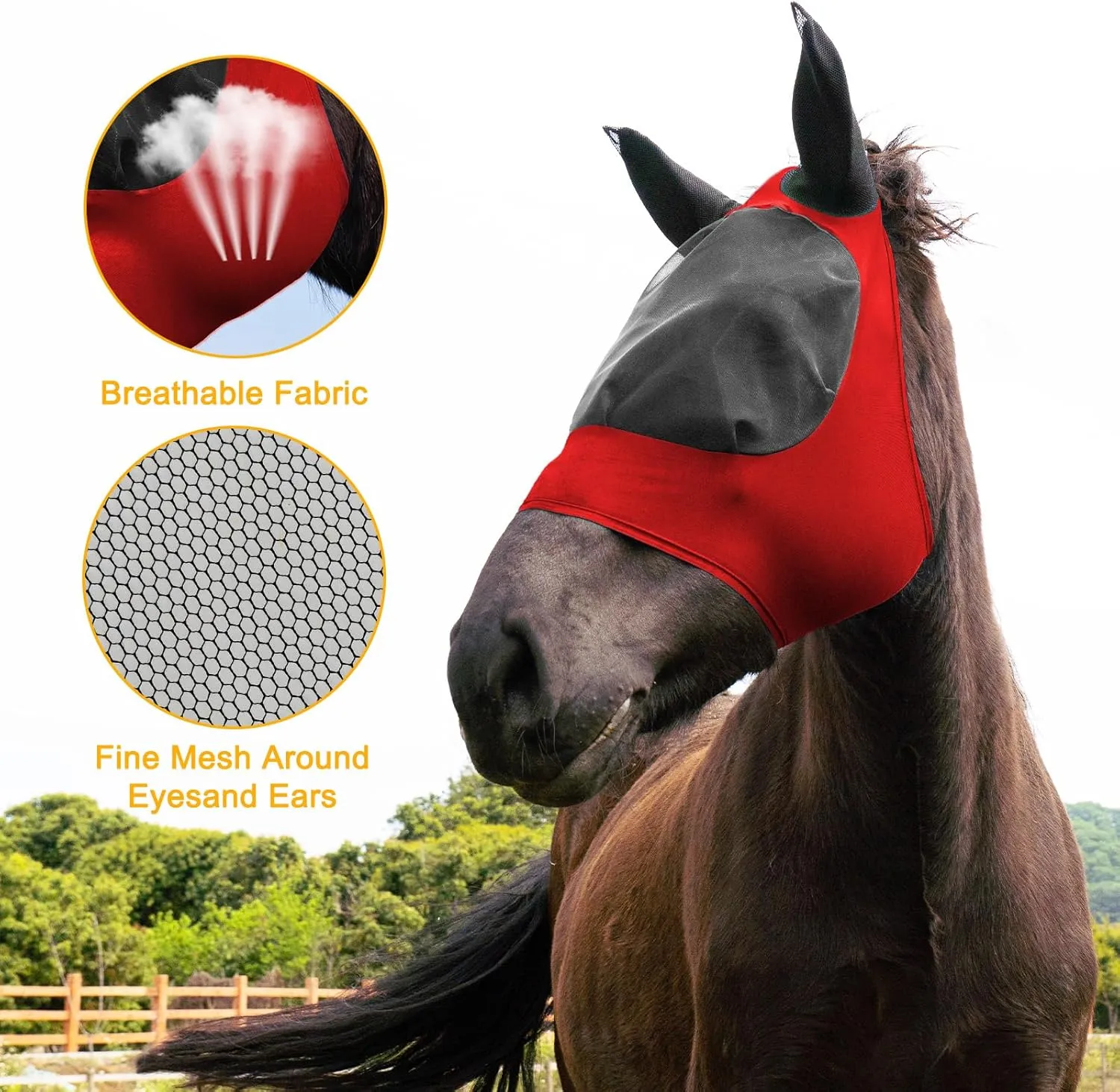 2 Piece Horse Fly Mask with Ears, Comfortable Fit Stretch Fabric Big Eye Space Soft Breathable with UV Protection for Large or Medium Size Horses (Red-Black, Large)