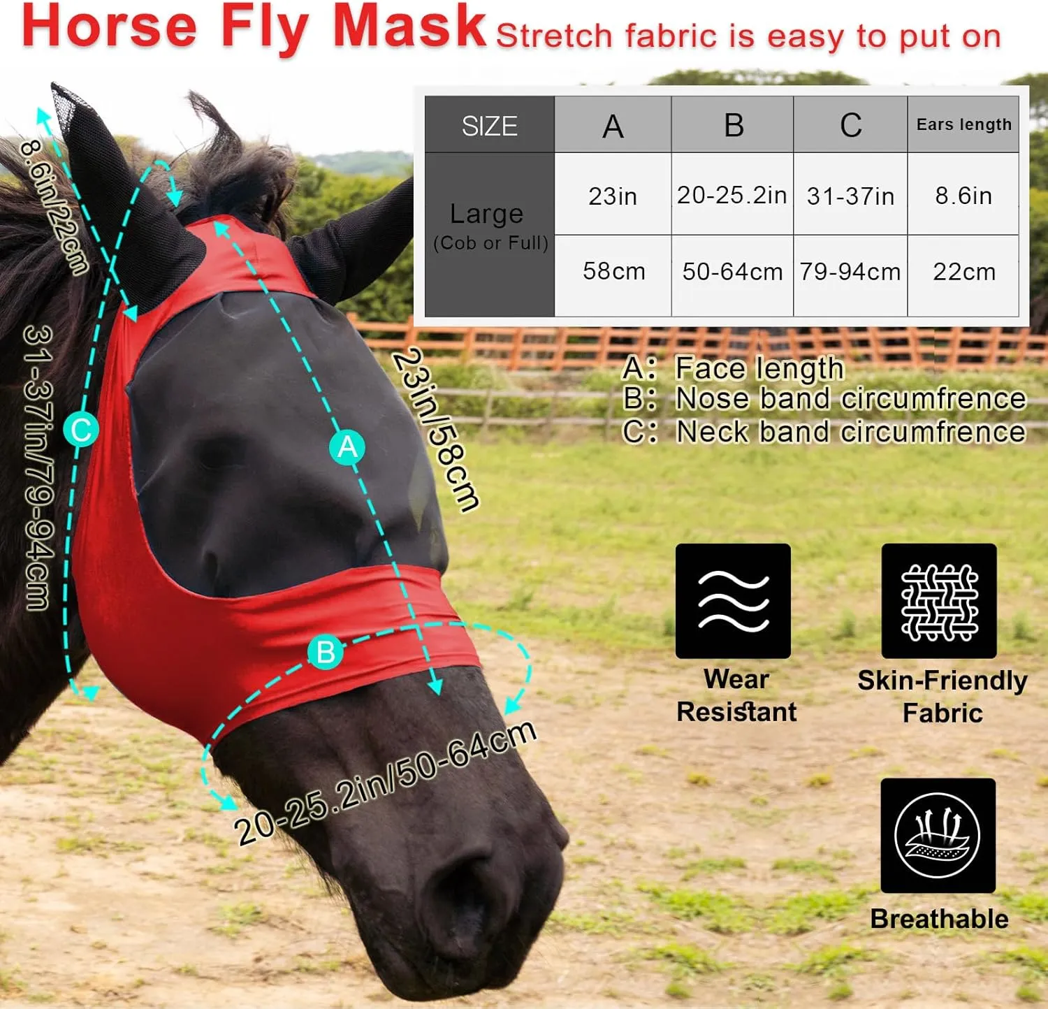 2 Piece Horse Fly Mask with Ears, Comfortable Fit Stretch Fabric Big Eye Space Soft Breathable with UV Protection for Large or Medium Size Horses (Red-Black, Large)