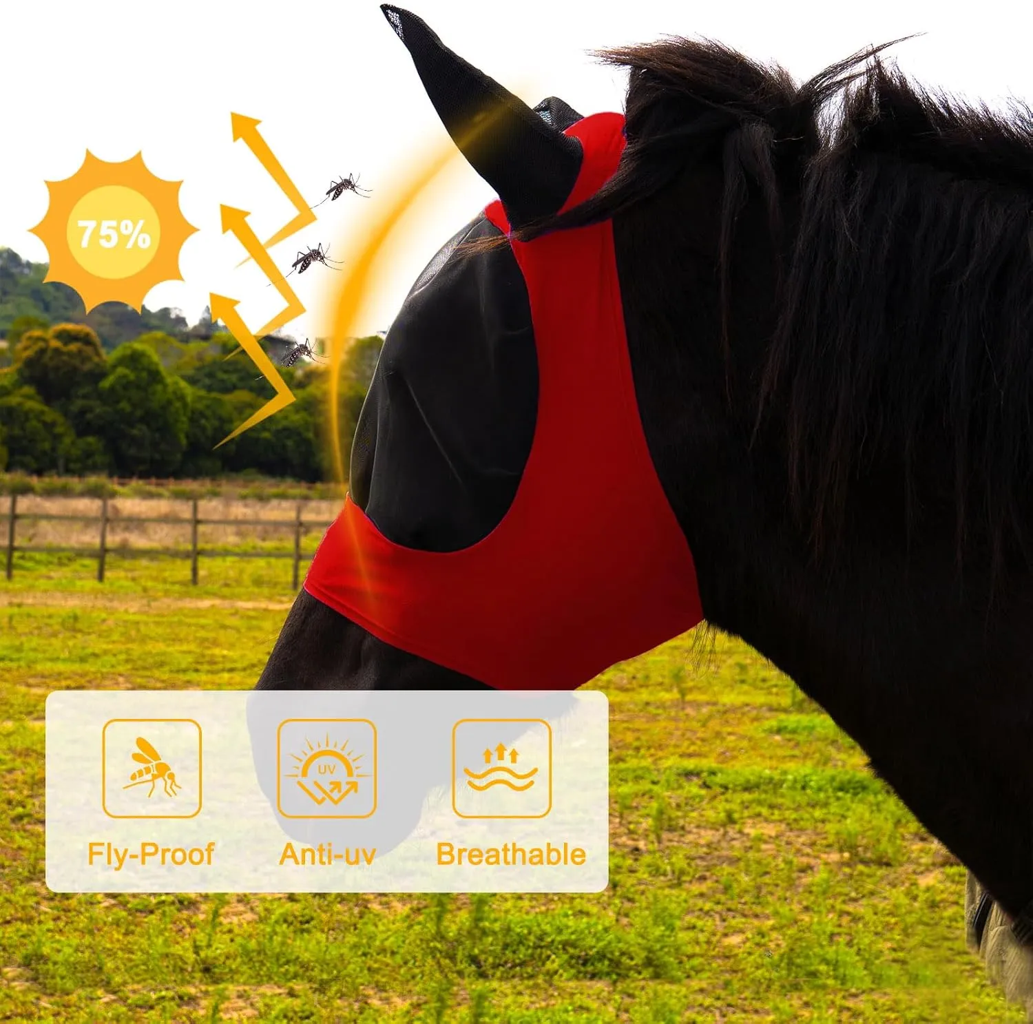 2 Piece Horse Fly Mask with Ears, Comfortable Fit Stretch Fabric Big Eye Space Soft Breathable with UV Protection for Large or Medium Size Horses (Red-Black, Large)