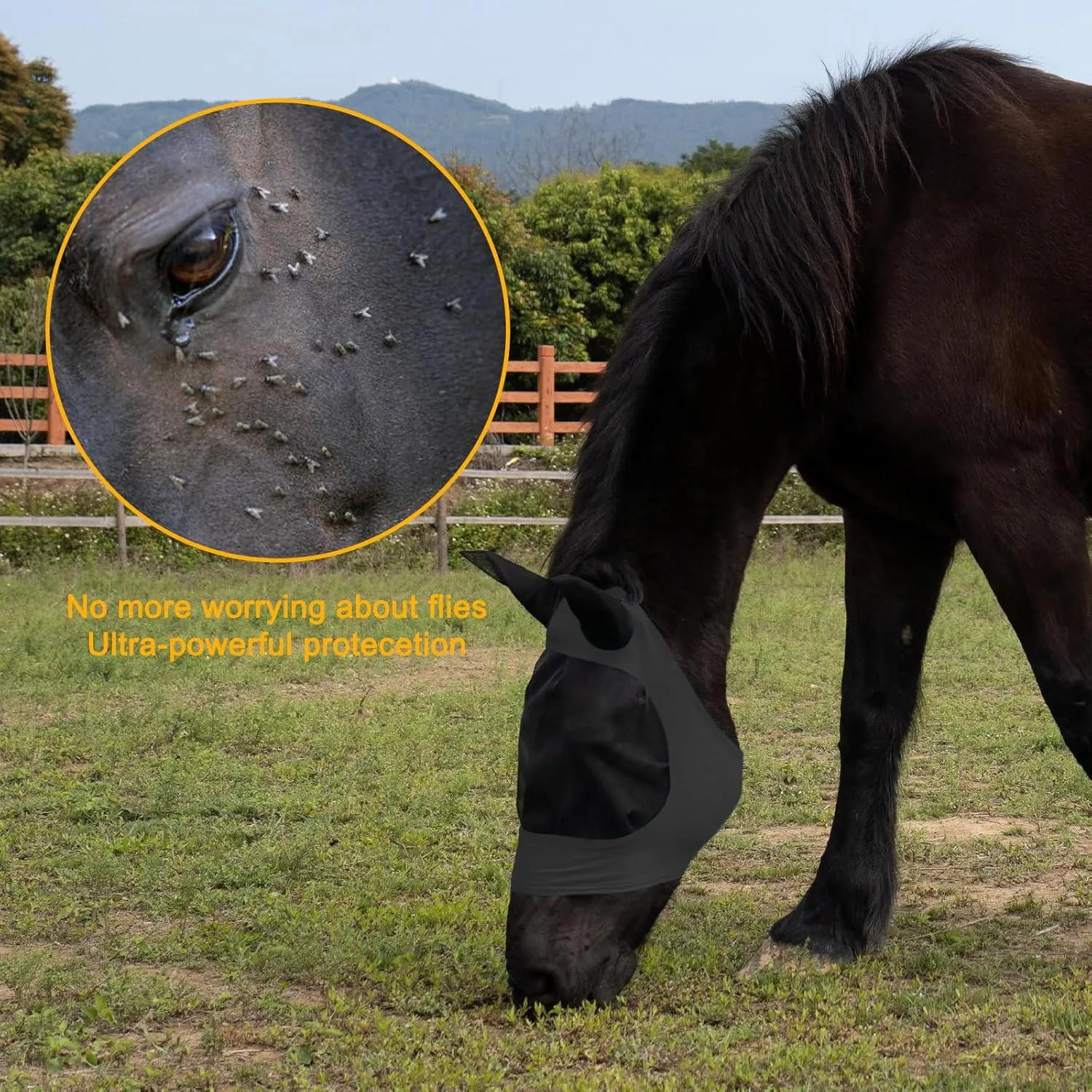 2 Piece Horse Fly Mask with Ears, Comfortable Fit Stretch Fabric Big Eye Space Soft Breathable with UV Protection for Large or Medium Size Horses (Red-Black, Large)