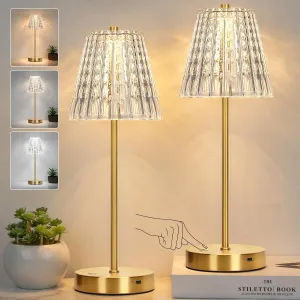 2024 NEW Bedside Table Lamp Set of 2, Fully Stepless Dimmable Vintage Crystal LED Touch Lamps with 3 Colors, Portable Rechargeable Cordless Nightstand Lamp for Bedroom Living Room Office Desk