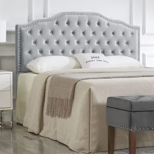 24KF Upholstered Button Tufted Queen/Full Size Headboard with Nailhead Trim, Soft Velvet Fabric Headboard - Gray