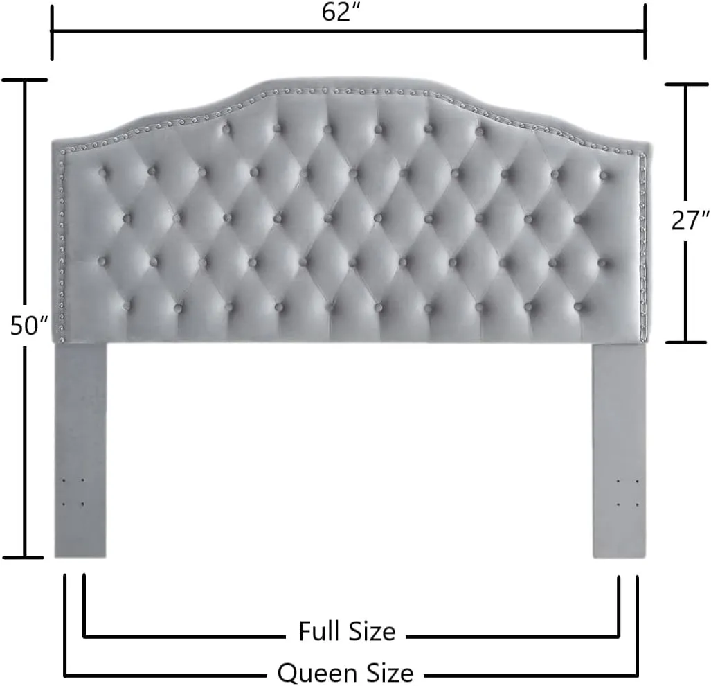24KF Upholstered Button Tufted Queen/Full Size Headboard with Nailhead Trim, Soft Velvet Fabric Headboard - Gray