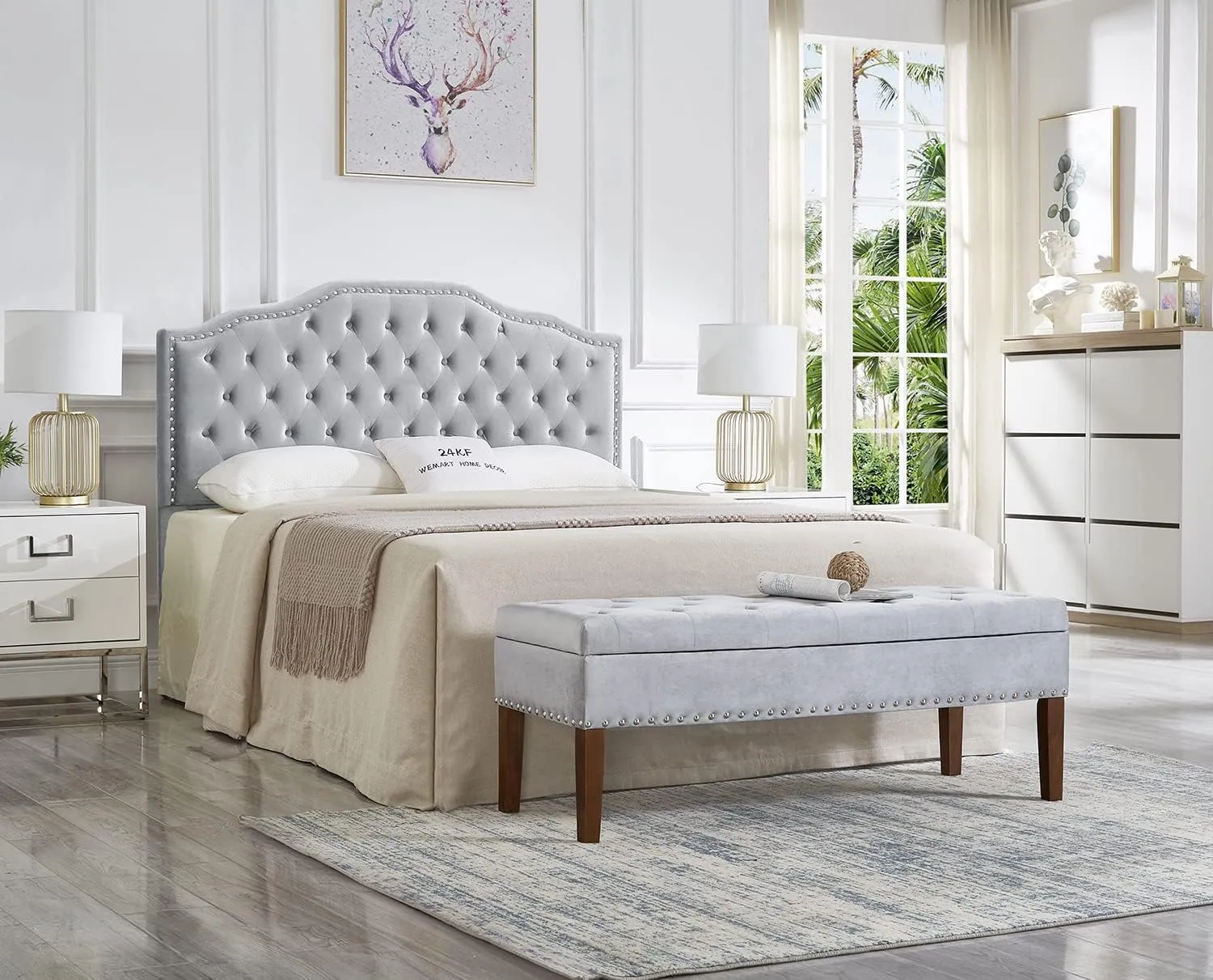 24KF Upholstered Button Tufted Queen/Full Size Headboard with Nailhead Trim, Soft Velvet Fabric Headboard - Gray