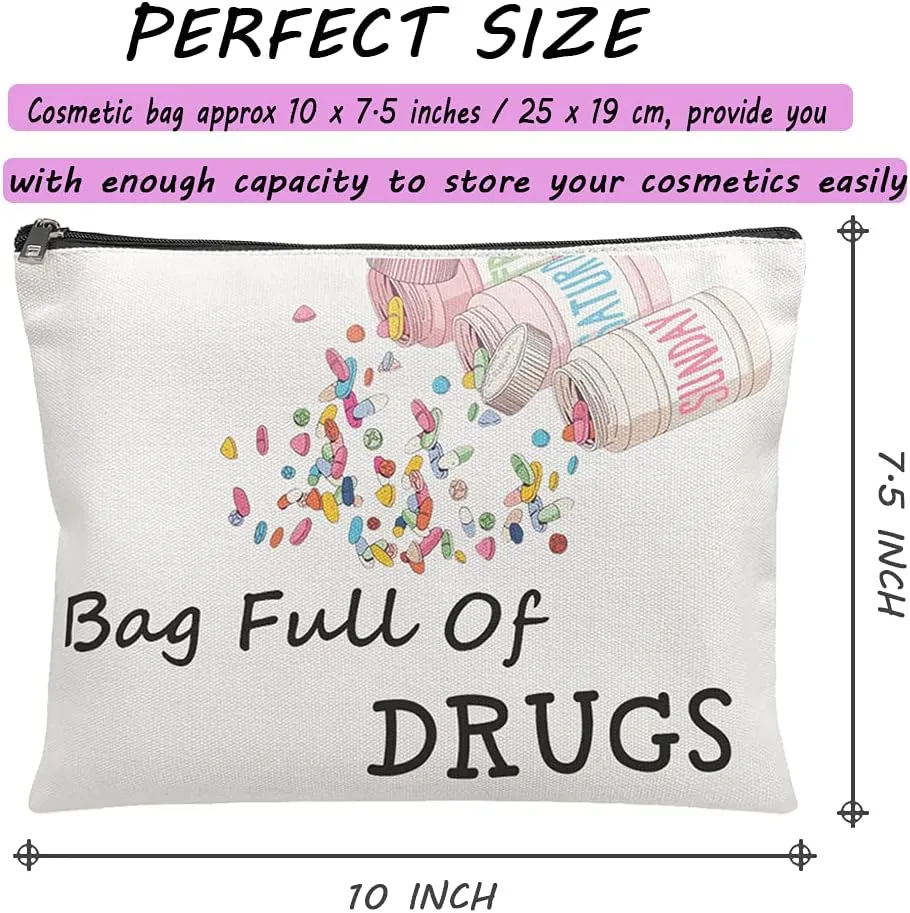 2PCS Nurse Practitioner Gifts for Women - Bag Full Of Drugs- Funny Medicine Cosmetic Pill Bag Storage Multifunction Pouch for Her Mom Colleagues Patient Birthday Gifts