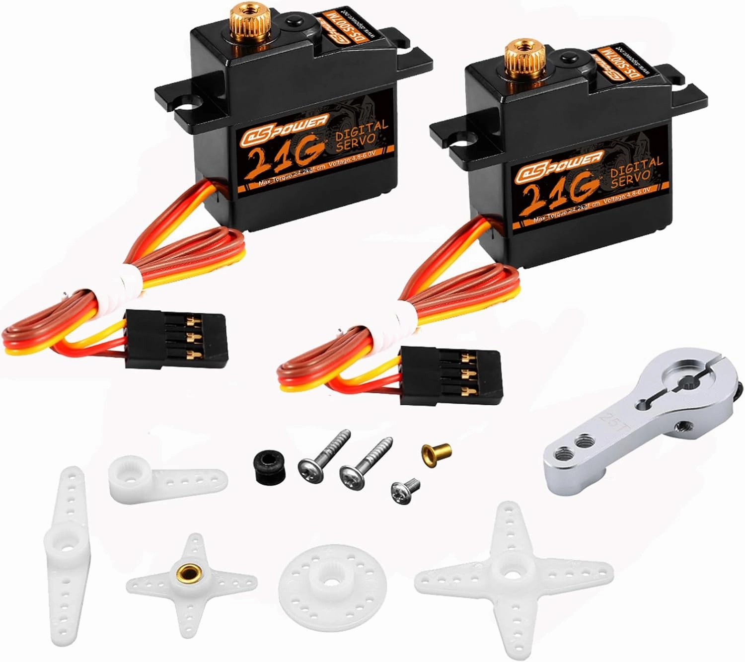 2PCS 21G Mini Digital Servo, Steering Gear Full Metal Gear Micro RC Servos Motor Kit with 25T Servo Horn for 1/18 1/16 1/14 RC Car Model Boat Fixed-Wing Helicopter Airplane Robot Toy