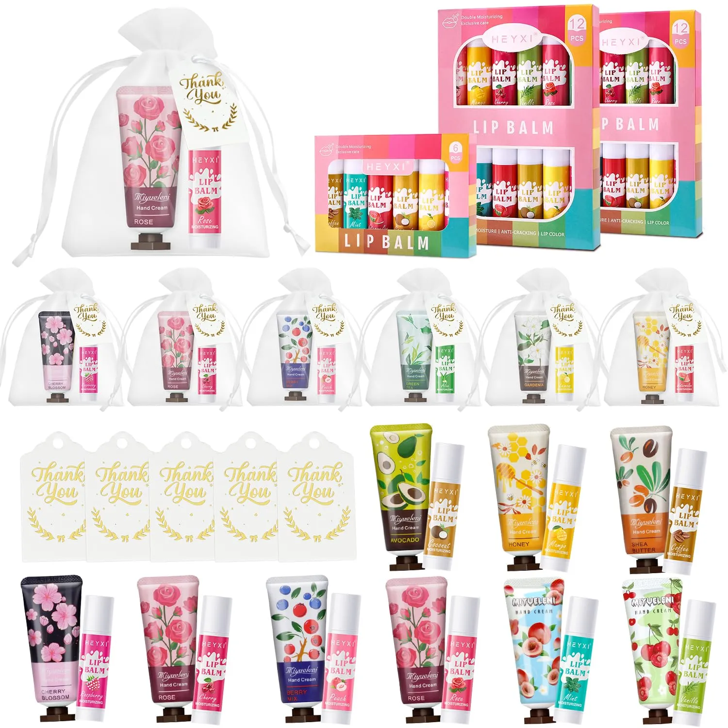 30 Sets Hand Cream Bulk and Lip Balm Sets With Organza Bag Thank You Card, Bridal Shower Favors and Baby Shower Party Favors for Guests, Thank You Gifts for Coworkers Women