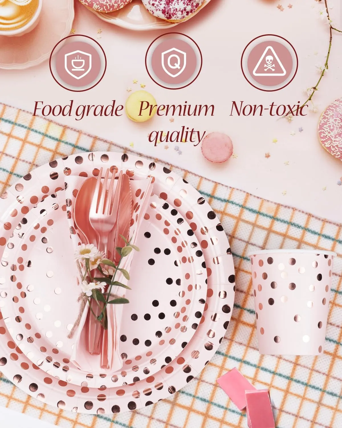 350 Pieces Party Supplies, Pink and Rose Gold Dots Party Plates Cups and Napkins Sets with Plastic Knives forks spoons, Disposable Tableware Serves 50 Sets for Wedding, Birthday, Graduation, Festivals
