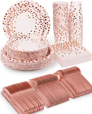 350 Pieces Party Supplies, Pink and Rose Gold Dots Party Plates Cups and Napkins Sets with Plastic Knives forks spoons, Disposable Tableware Serves 50 Sets for Wedding, Birthday, Graduation, Festivals