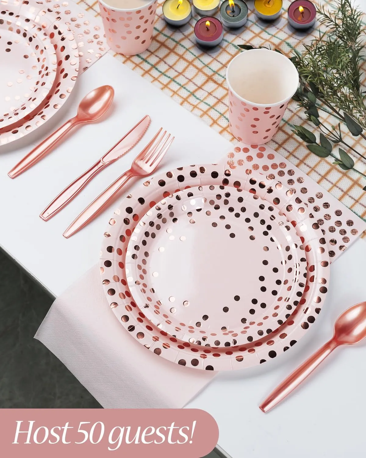 350 Pieces Party Supplies, Pink and Rose Gold Dots Party Plates Cups and Napkins Sets with Plastic Knives forks spoons, Disposable Tableware Serves 50 Sets for Wedding, Birthday, Graduation, Festivals