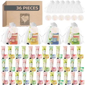 36 Sets Hand Cream Bulk and Lip Balm Bulk, Bridal Shower Wedding or Baby Favors for Guests Party Gifts for Adults with Organza Bag Thank You Card