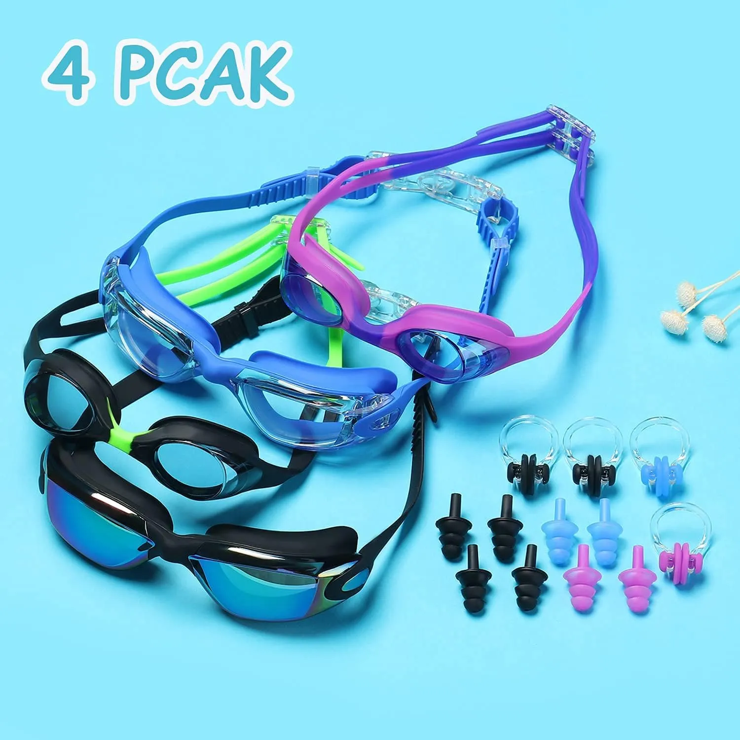 4 Pack Kids Swim Goggles Ages 6-14 UV Protection Anti Fog No Leaking Pool Swimming Goggles for Boys Girls Youth