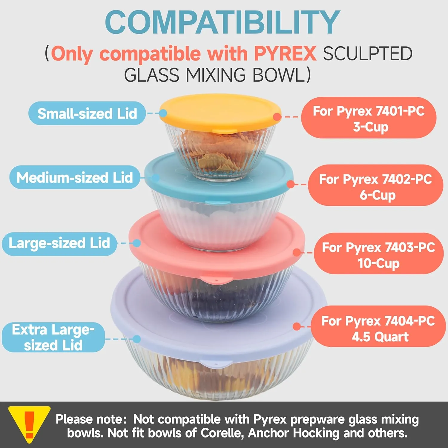 4 Pack Silicone Replacement Lids for Pyrex Mixing Bowls - 3, 6, 10 Cup & 4.5 Qt Sculpted Glass & Tinted Glass Bowls