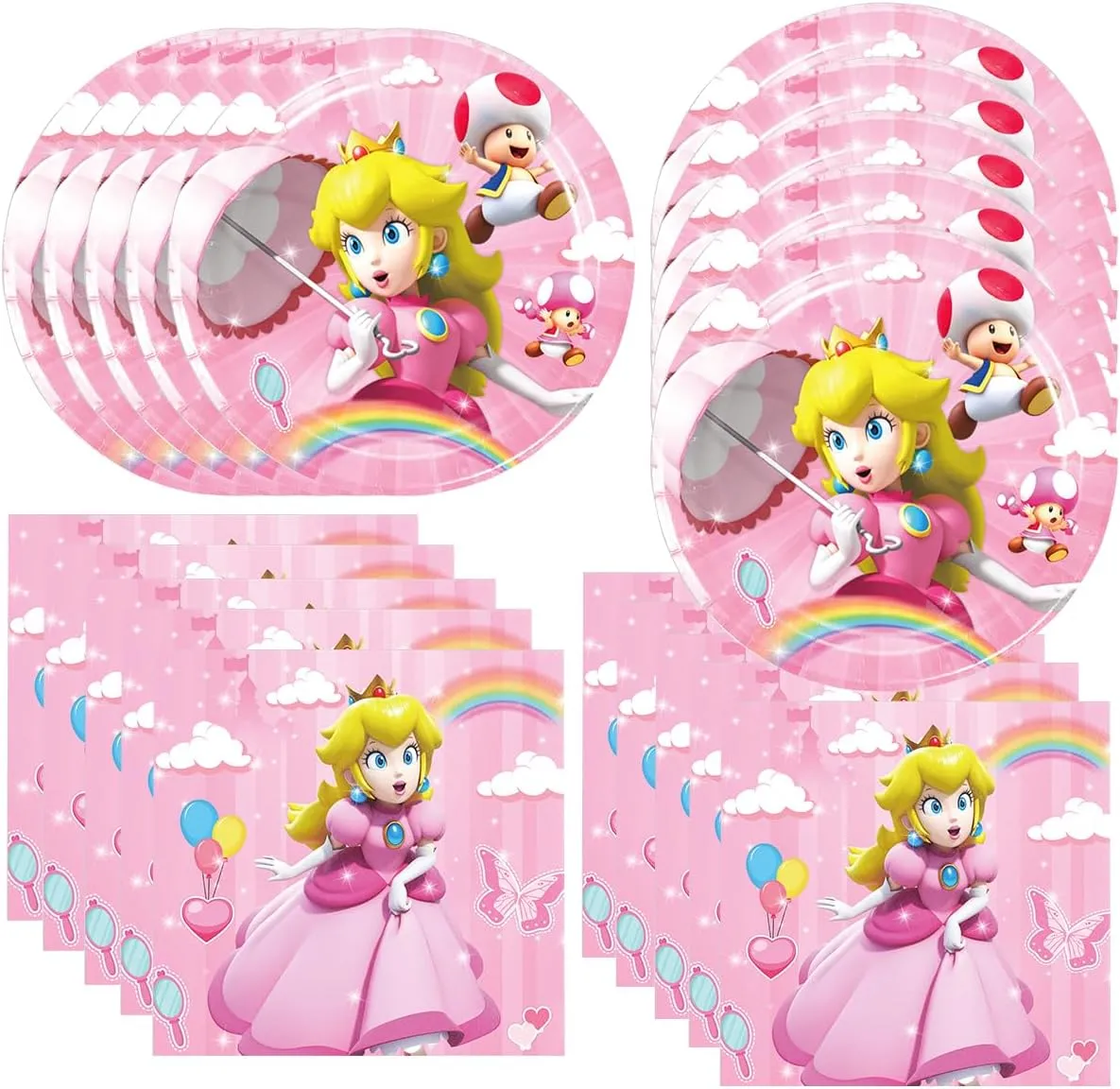 40Pack Princess Peach birthday Party Supplies include 20 plates, 20 napkins for the Princess Peach party decoration