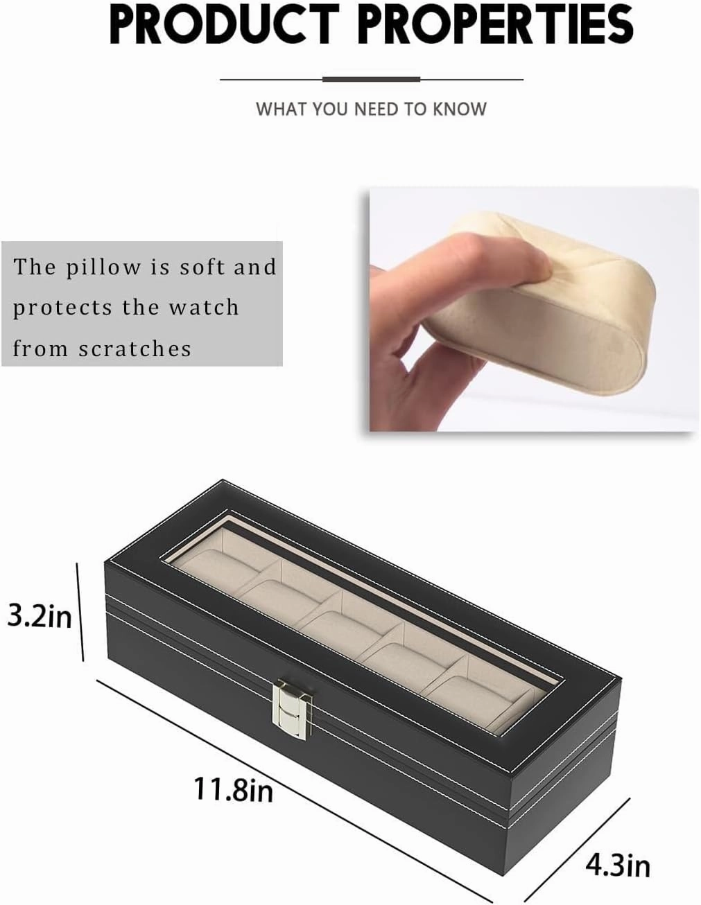 6-Slot Watch Box Organizer for Men & Women – Black Leather Travel Display Case with Glass Lid and Velvet Lining