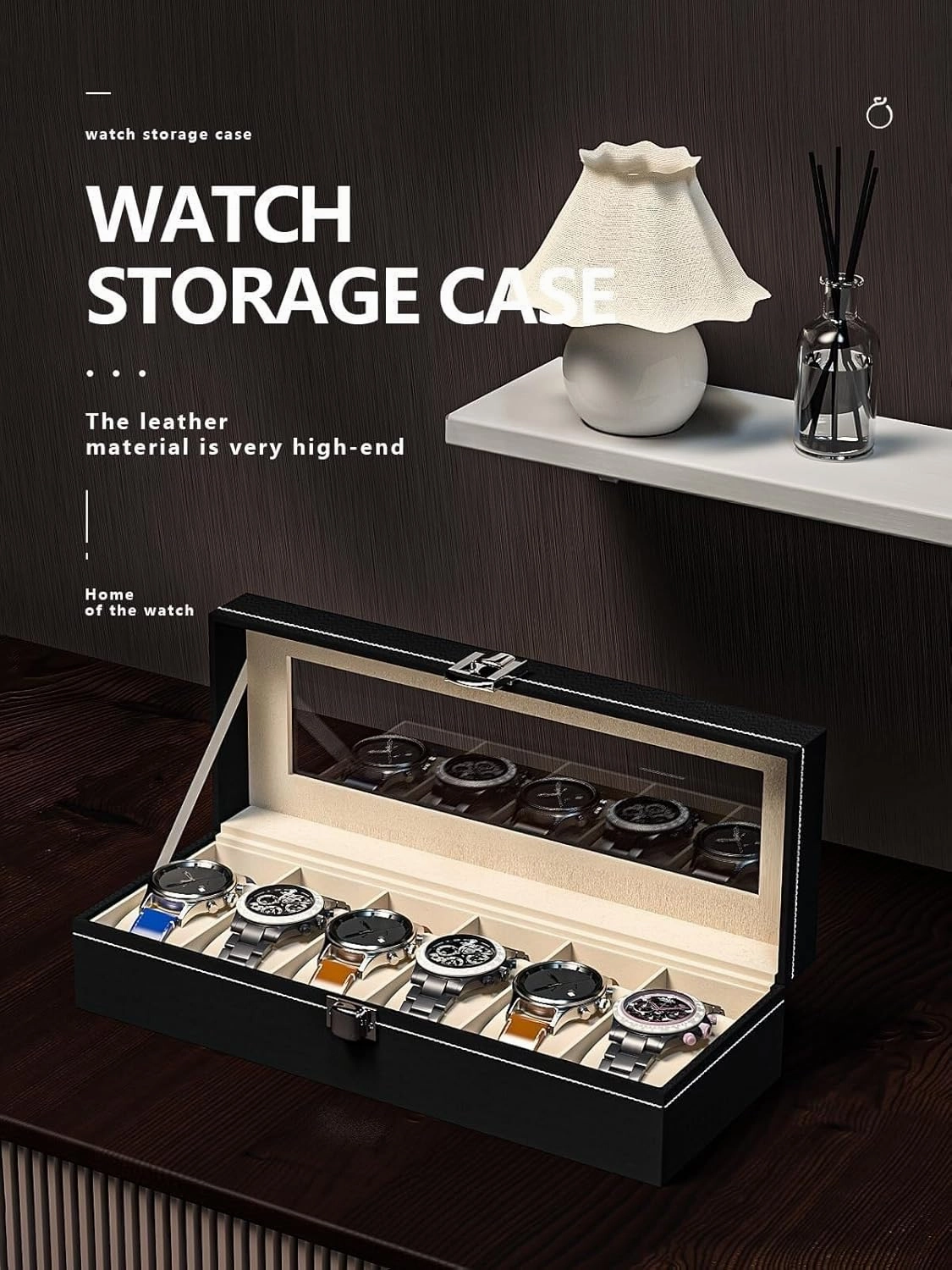6-Slot Watch Box Organizer for Men & Women – Black Leather Travel Display Case with Glass Lid and Velvet Lining