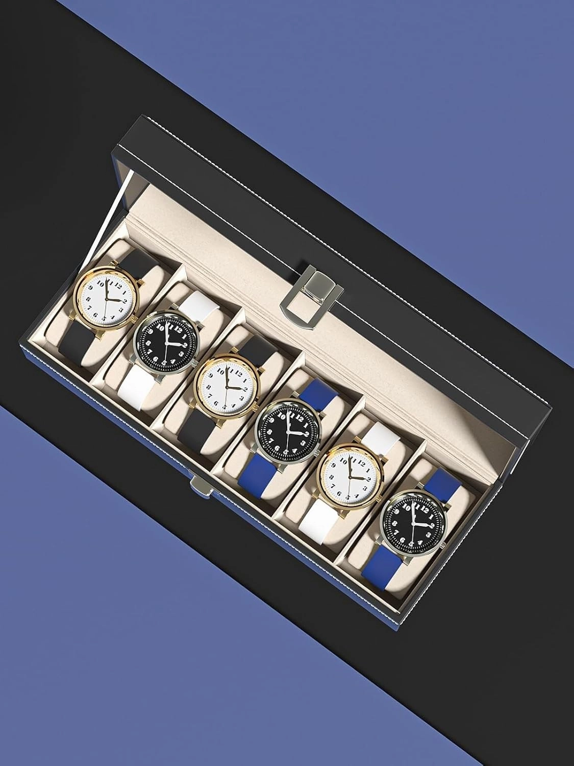 6-Slot Watch Box Organizer for Men & Women – Black Leather Travel Display Case with Glass Lid and Velvet Lining