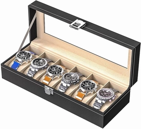 6-Slot Watch Box Organizer for Men & Women – Black Leather Travel Display Case with Glass Lid and Velvet Lining