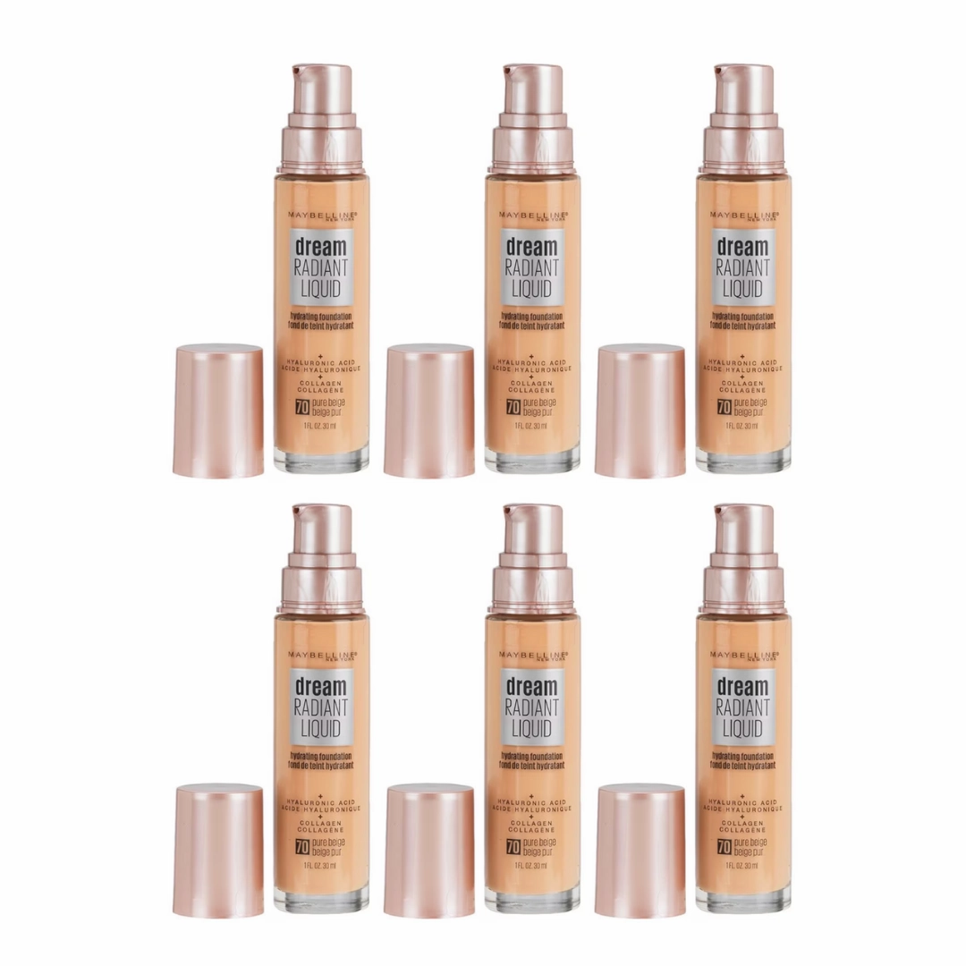 6 x Maybelline Dream Radiant Liquid Hydrating Foundation 70 Pure Beige (carded)