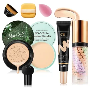 7PCS Mushroom Head Air Cushion CC Cream Foundation,Natural BB Cream Foundation Makeup,Moisturizing One Step Color Corrector,Loose Setting Powder Set with Makeup Sponges C