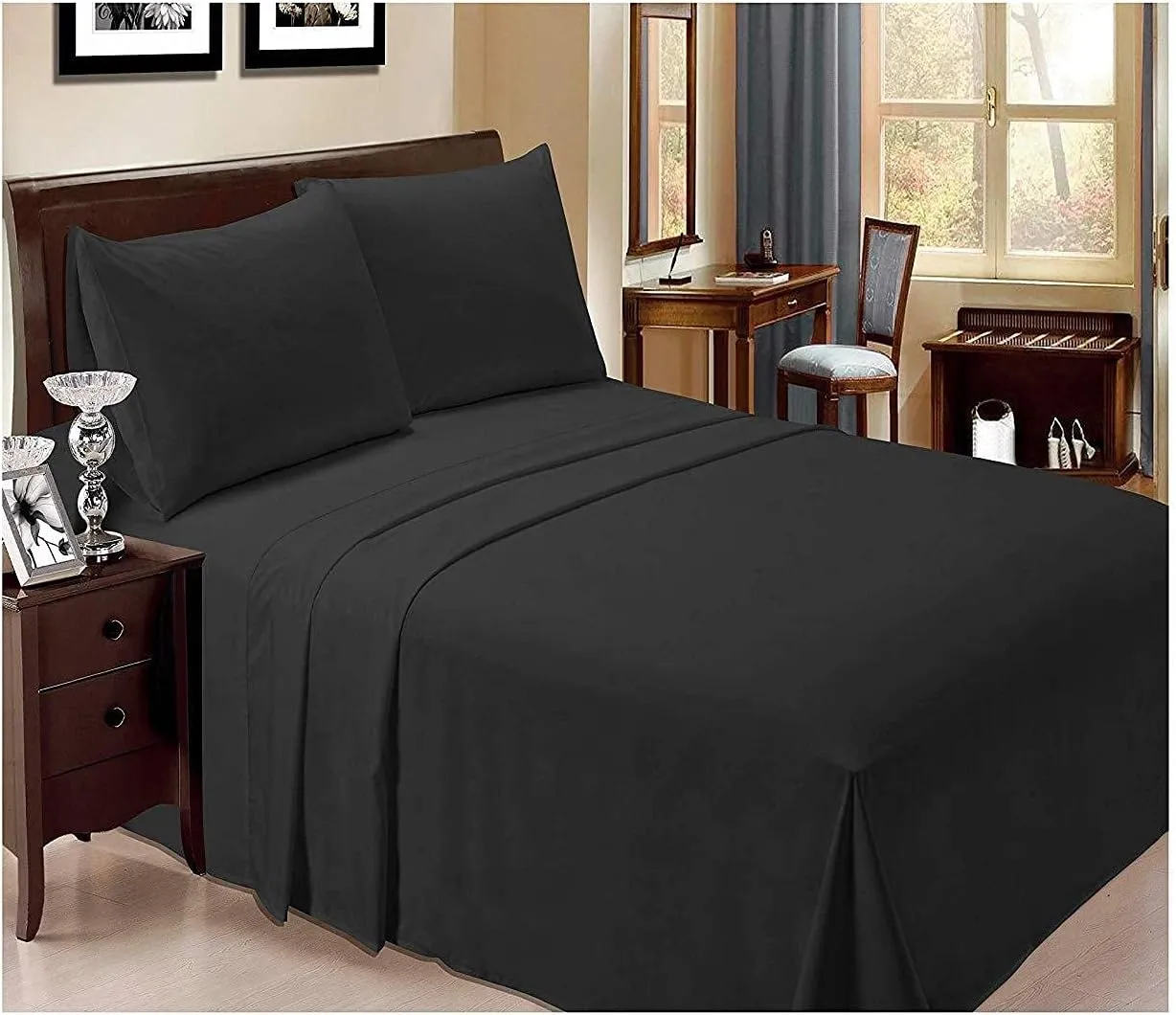 800-Thread-Count 100% Cotton Sheet Pure Black King-Sheets Set, 4-Piece Long-Staple Cotton Best-Bedding Sheets for Bed, Soft & Silky Sateen Weave Fits Mattress Upto 18'' Deep Pocket