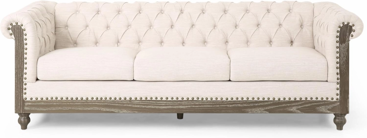 85.5" Chesterfield Sofa Couch Morden Tufted Upholstery Couch for Living Room, Mid-Century Classic 3 Seat Couches Sofa with Wooden Legs & Rolled Arm Bedroom Office Apartment Beige