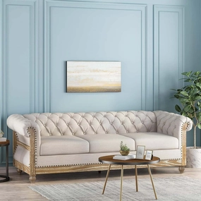 85.5" Chesterfield Sofa Couch Morden Tufted Upholstery Couch for Living Room, Mid-Century Classic 3 Seat Couches Sofa with Wooden Legs & Rolled Arm Bedroom Office Apartment Beige