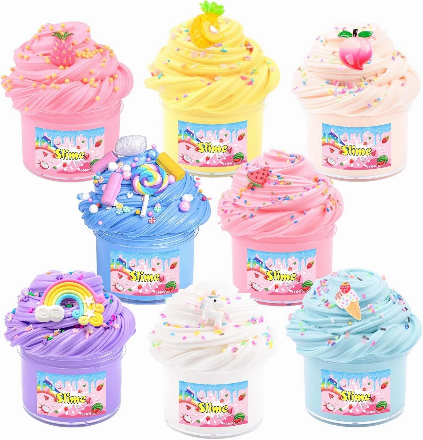8 Pack Butter Slime Kit for Kids, Scented Butter Slime Party Favors with Peach, Unicorn, Rainbow Charms, Birthday Gifts for Girl Boys, Stretchy and Non-Sticky, Super Soft DIY Stress Relief Toy
