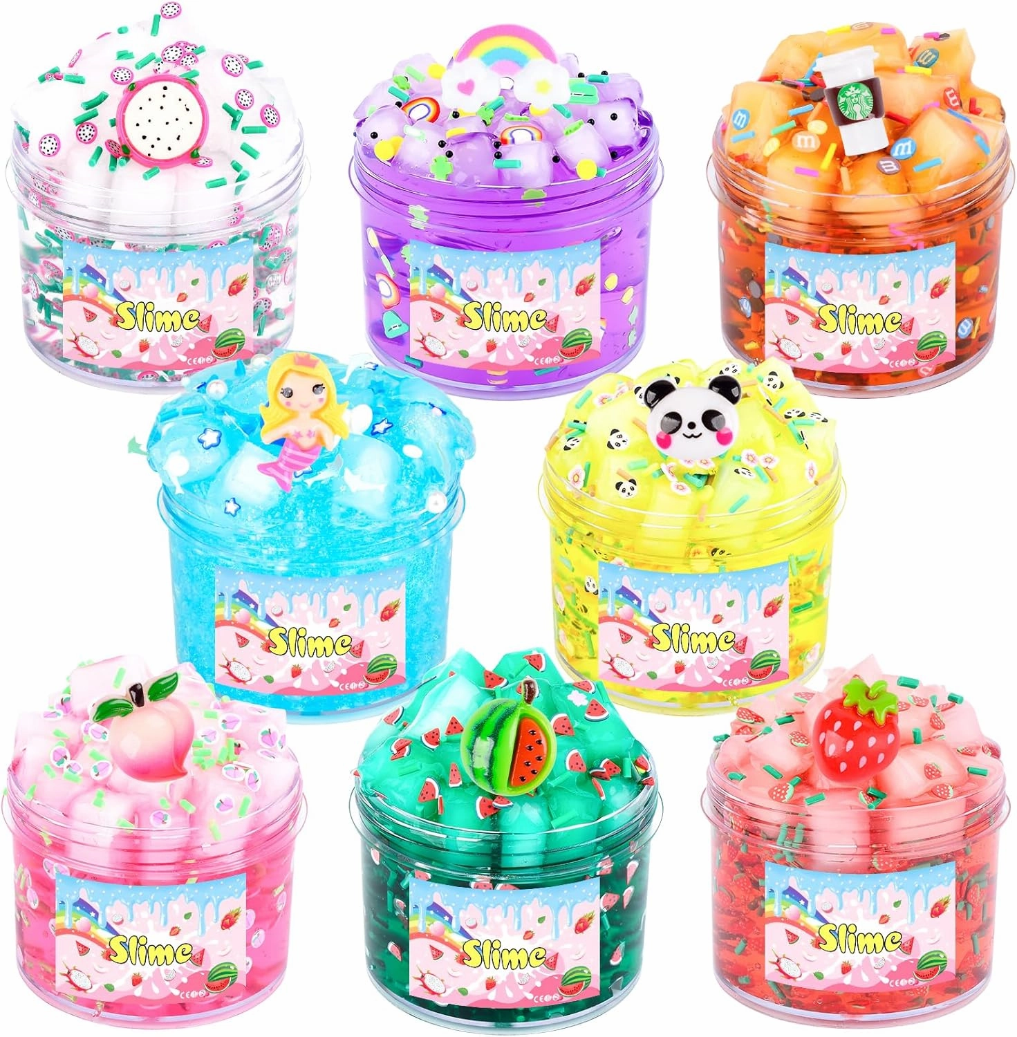 8 Pack Jelly Cube Clear Slime Kit, Crunchy Slime with Peach, Strawberry and Watermelon Charms, Super Soft and Non-Sticky, Stress Relief Toy, Party Favors for Girl Boys 4 5 6 7 8 9 10 11 12