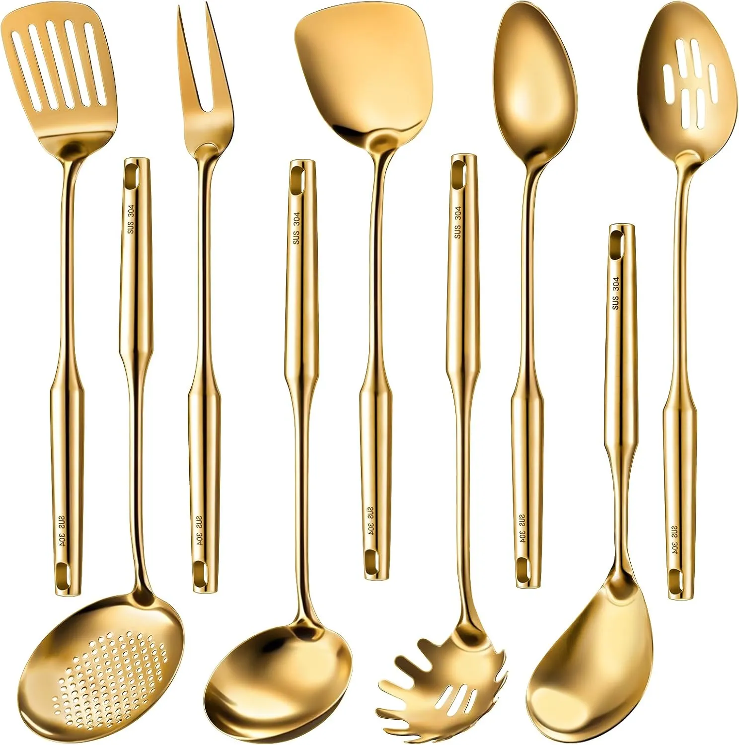 9 Pcs 304 Stainless Steel Kitchen Utensils Set Cooking Utensils Spatula, Solid Spoon, Slotted Spoon, Fork, Ladle, Skimmer, Slotted Spatula Spaghetti(Gold,Stainless Steel)