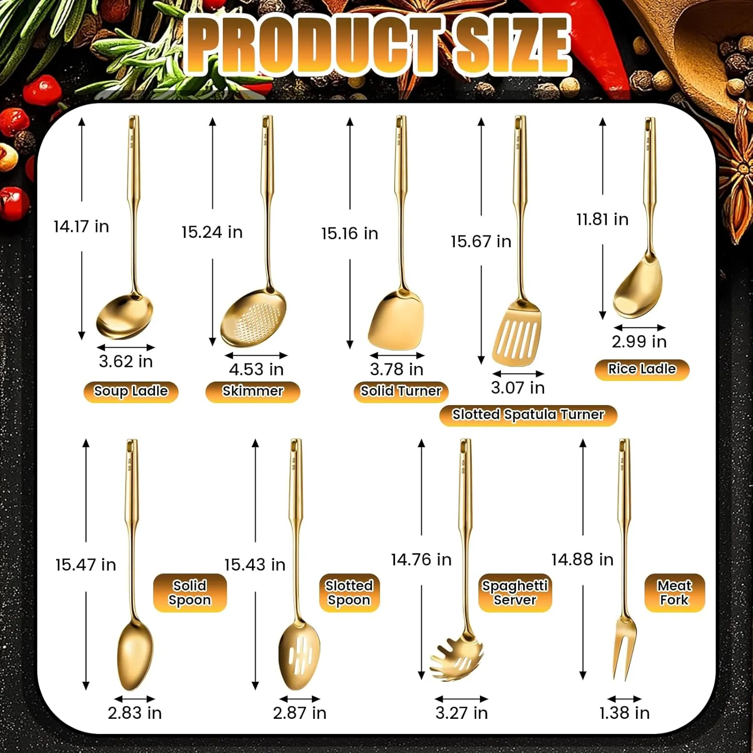 9 Pcs 304 Stainless Steel Kitchen Utensils Set Cooking Utensils Spatula, Solid Spoon, Slotted Spoon, Fork, Ladle, Skimmer, Slotted Spatula Spaghetti(Gold,Stainless Steel)