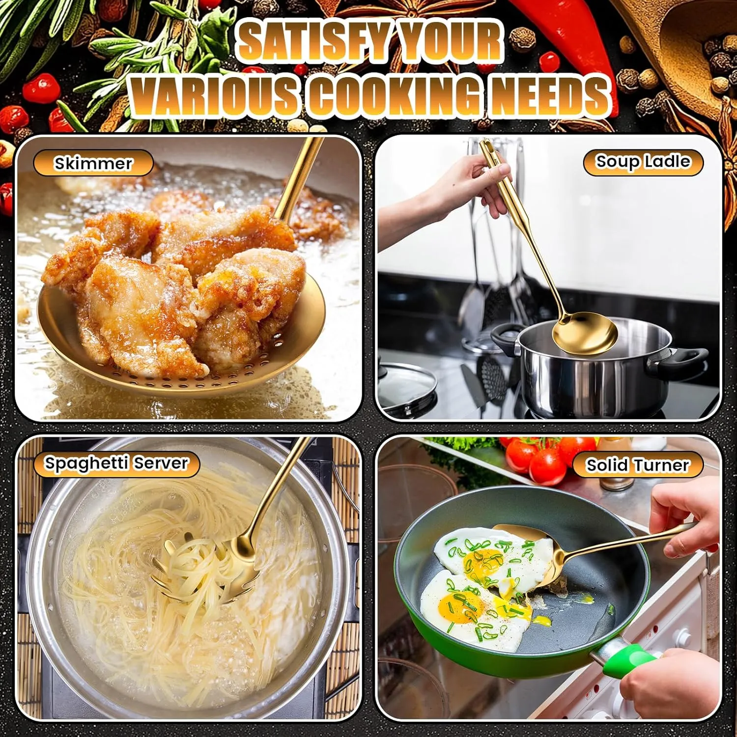 9 Pcs 304 Stainless Steel Kitchen Utensils Set Cooking Utensils Spatula, Solid Spoon, Slotted Spoon, Fork, Ladle, Skimmer, Slotted Spatula Spaghetti(Gold,Stainless Steel)