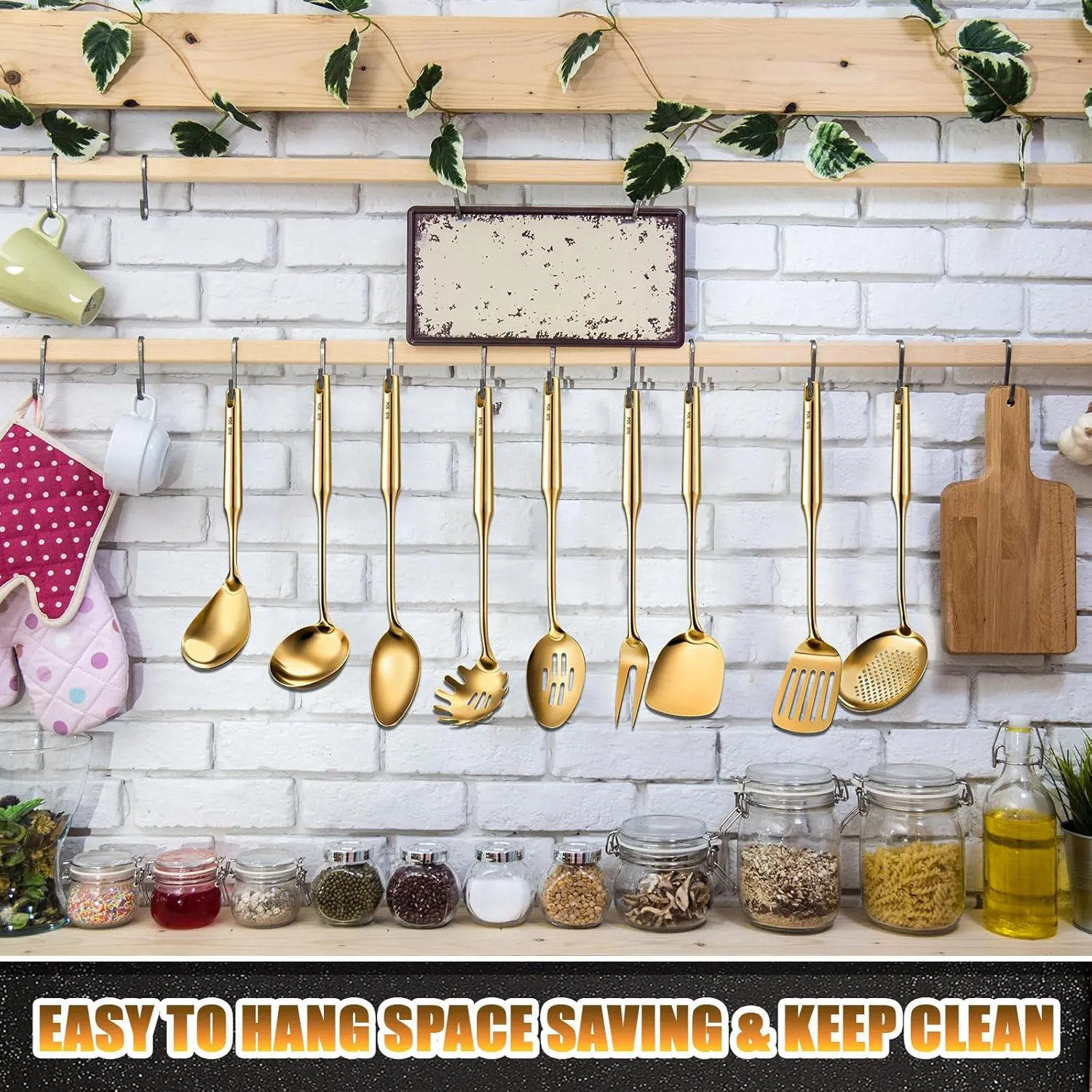 9 Pcs 304 Stainless Steel Kitchen Utensils Set Cooking Utensils Spatula, Solid Spoon, Slotted Spoon, Fork, Ladle, Skimmer, Slotted Spatula Spaghetti(Gold,Stainless Steel)