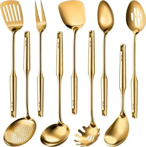 9 Pcs 304 Stainless Steel Kitchen Utensils Set Cooking Utensils Spatula, Solid Spoon, Slotted Spoon, Fork, Ladle, Skimmer, Slotted Spatula Spaghetti(Gold,Stainless Steel)