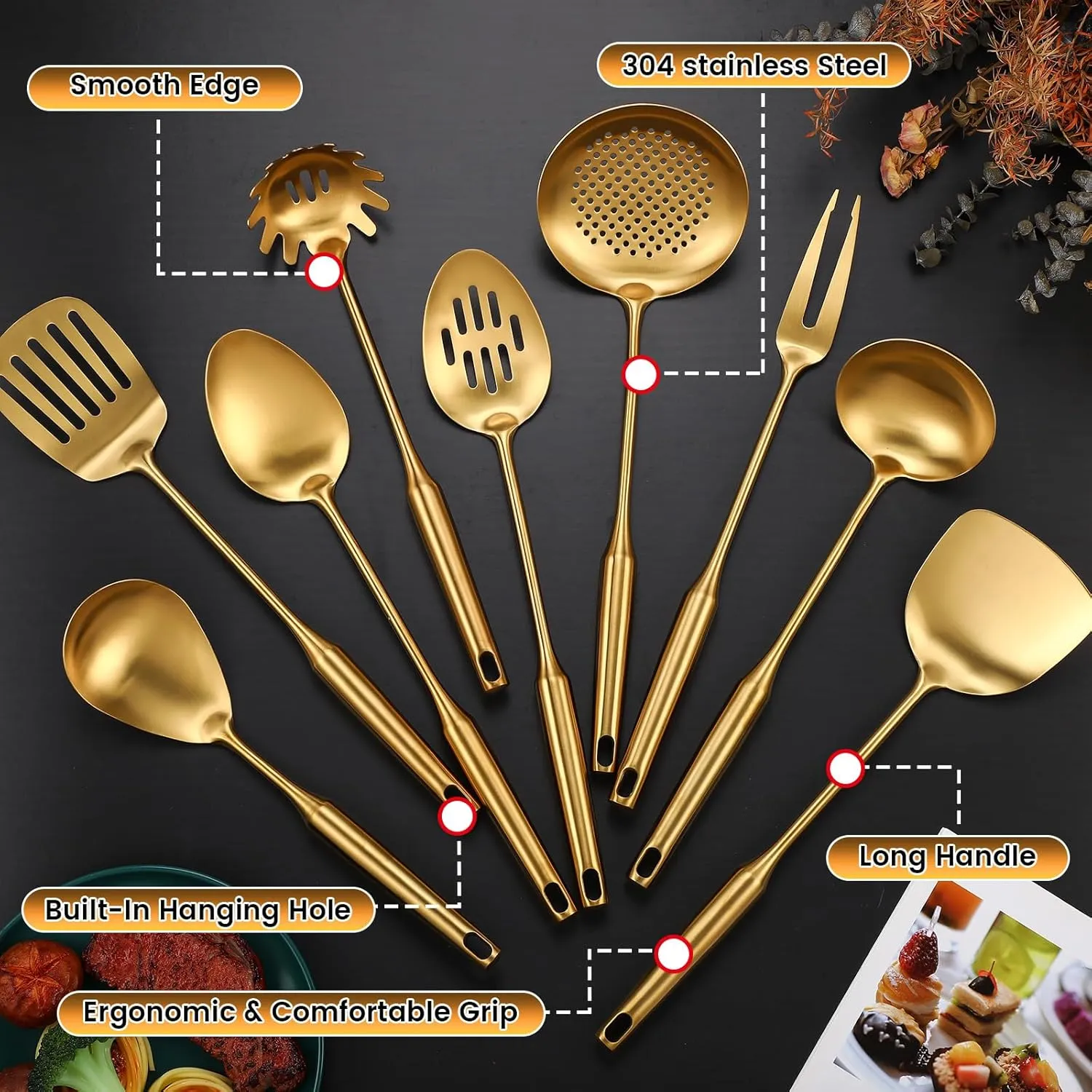 9 Pcs 304 Stainless Steel Kitchen Utensils Set Cooking Utensils Spatula, Solid Spoon, Slotted Spoon, Fork, Ladle, Skimmer, Slotted Spatula Spaghetti(Gold,Stainless Steel)